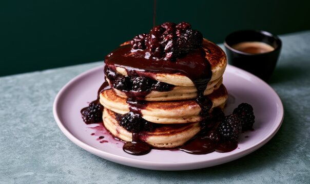 Stacked pancakes with blackberries, syrup, and coffee on teal surface