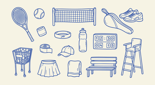 Set of tennis sport equipment icons, including racket, ball, net, shoes, scoreboard, and accessories in a handdrawn doodle style