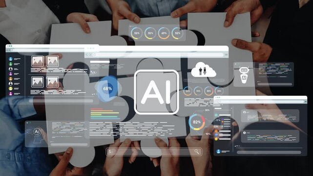 Engaging visual representation of teamwork using AI technology with multiple screens displaying data analytics and collaboration tools in a vibrant office environment. Raster