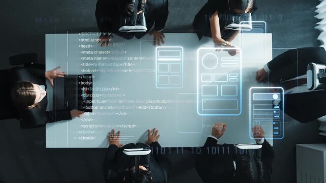 A dynamic group of business professionals engages in a high-tech conference room setting, utilizing virtual reality headsets and digital interfaces for collaborative discussions. Raster