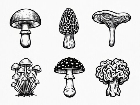 Set of handdrawn mushrooms in vintage engraving style, collection of various forest fungi including morel and toadstool, isolated on white background