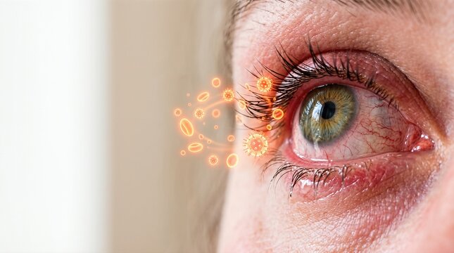 Woman with allergic reaction and red irritated eye. Microscopic view of allergens and virus entering the eye. Medical concept of conjunctivitis, inflammation and eye health treatment.