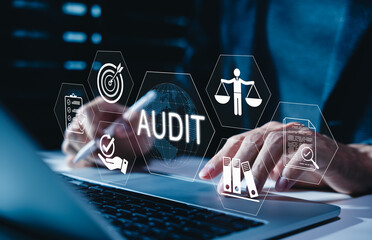 Business Audit Concept. Professional conducting business audit using laptop with virtual interface...