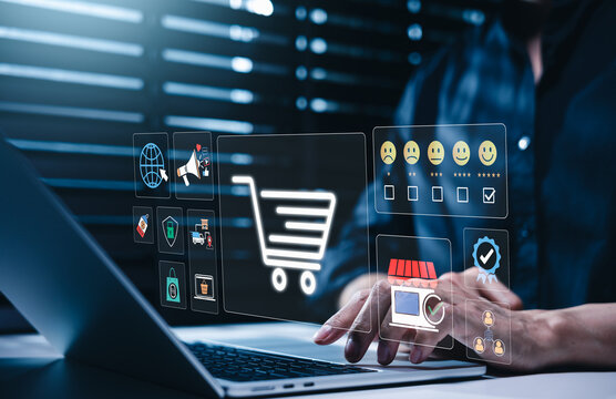 Online shopping and ecommerce customer satisfaction concept. Buyer using laptop with retail cart icon, client feedback rating, store delivery, secure payment transaction, digital market promotion