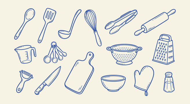 Set of handdrawn kitchen utensils and cooking tools including whisk, spatula, rolling pin, and measuring cups