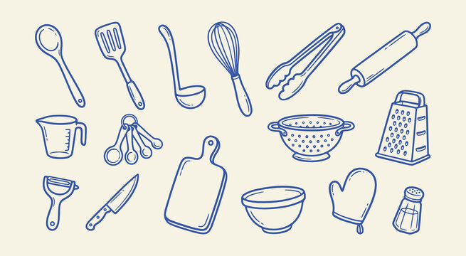 Set of kitchen utensils and cooking tools including whisk, spatula, rolling pin, measuring cups, and knife in doodle style
