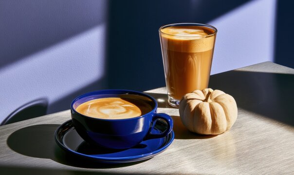 Two coffee drinks with latte art and miniature pumpkin on sunlit wooden surface