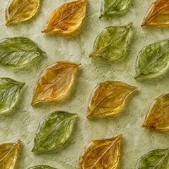 Naklejka premium Translucent Resin Leaves Repeating In Sustainable Botanical Pattern on Pale Moss And Amber Surface