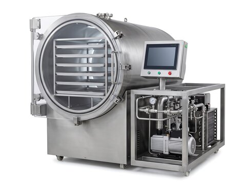 Stainless Steel Food Freeze Dryer Unit with Shelving Trays on Pure White Background/ Automated Food Lyophilization Chamber System with Digital Control Touchscreen