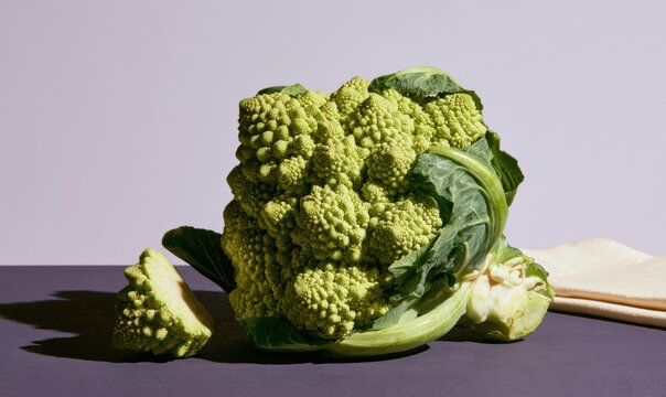 Fresh Romanesco broccoli with green leaves