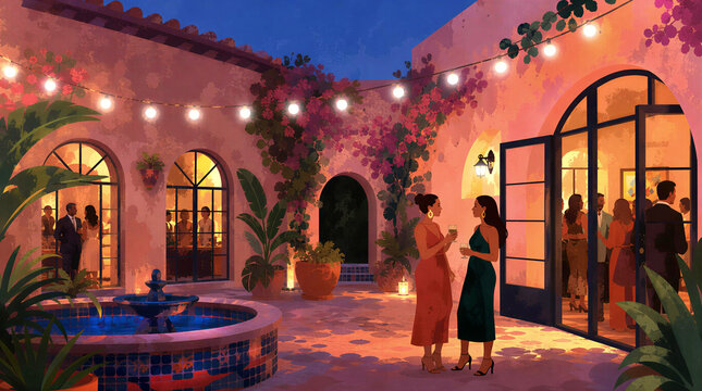 Spanish-style luxury courtyard at twilight, featuring a glowing  pool, arched entryways, and guests socializing outdoors.