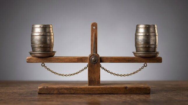 Two metal barrels balanced on a rustic wooden scale on a dark wooden table surface with perfectly balanced handmade neutral grey background with pair metallic barrels