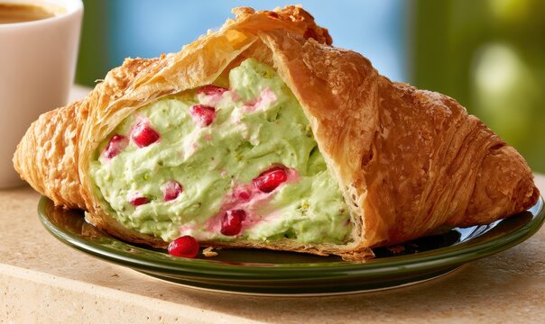 Sliced croissant filled with vibrant green cream and juicy pomegranate seeds