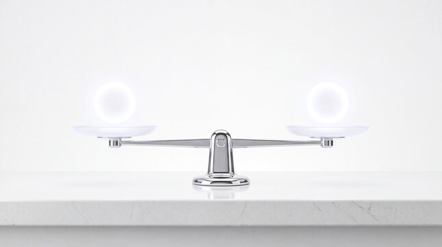 Metal balance scale with glowing light orbs representing equality and justice concept