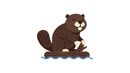 Brown beaver illustration stands on a log over blue water waves © Vector Hub24