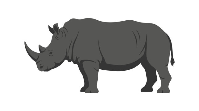 Grey rhinoceros stands in profile against a white background