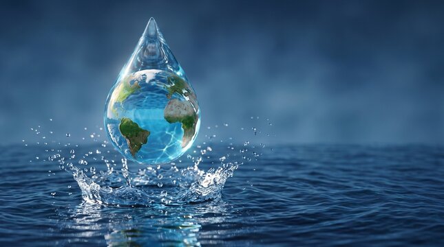 Water droplet with globe splashing in calm ocean waters  