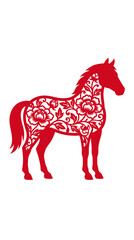 Obraz premium Chinese zodiac year of the horse red paper cut vector illustration with traditional oriental floral pattern isolated on white background.