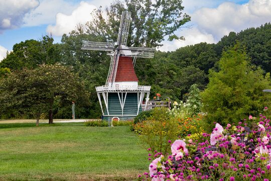 Windmill at Windmill Park in Holland, Michigan, Surrounded by Flowers on a Sunny Summer Day