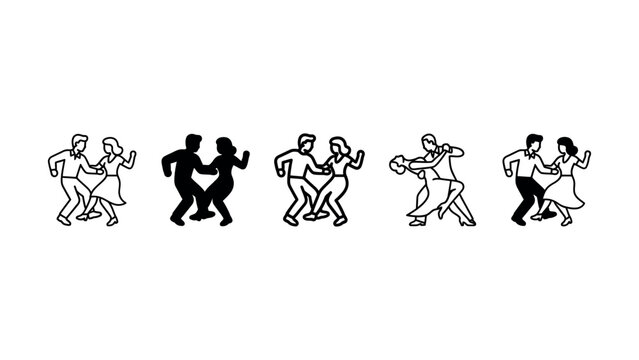 Set of dancing couple icons showing people in various dance moves isolated on white background