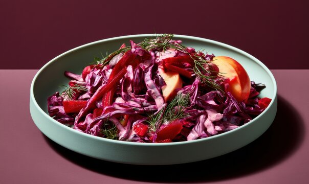 Colorful salad featuring shredded red cabbage, fresh dill, and tomato slices