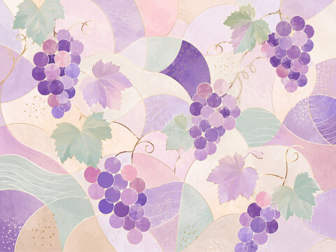 Decorative grape and vineyard composition featuring ripe purple fruit, green vine leaves and artistic watercolor, fluid or illustrated background effects.