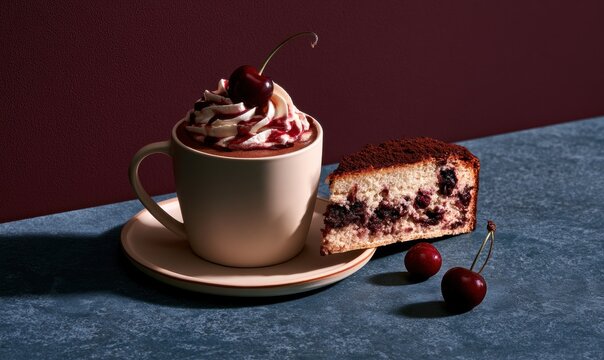 Delicious cherry cake slice next to hot chocolate with whipped cream and cherry