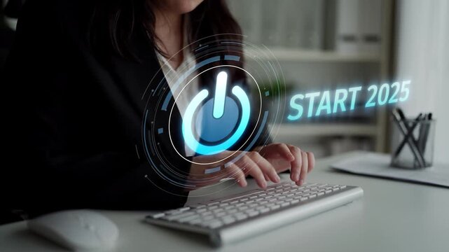 Start 2025 concept with futuristic power button symbolizing fresh beginnings, innovation, and digital transformation. Start 2025, new goals, and start 2025 initiative. Muxer