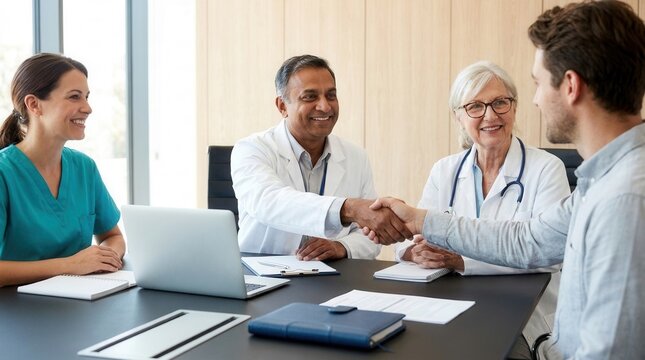 International clinic chief medical person shaking hands with a young male doctor to congratulate a new member starting their career.