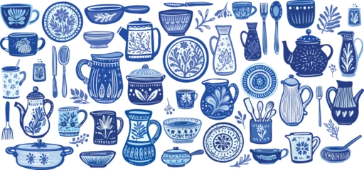 Blue ceramic kitchenware and decorative household utensils arranged in a detailed illustrated composition © Viktoriia Protsak