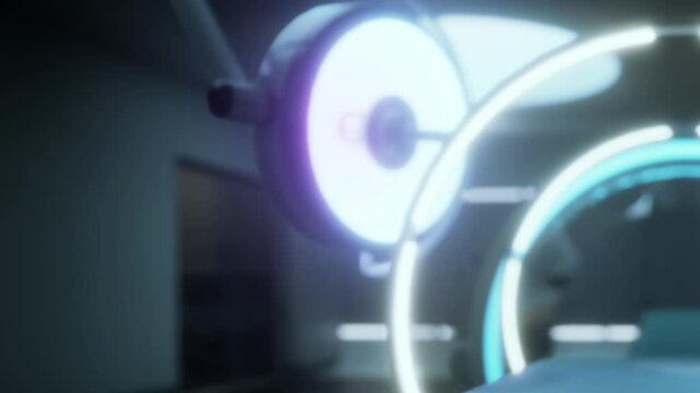 The scene captures a brightly lit medical room filled with advanced equipment. The focus is on a futuristic light source casting a glow, symbolizing precision in healthcare.