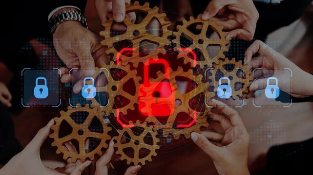 A dynamic image showcasing diverse hands holding interlocking gears, symbolizing teamwork and innovation with digital security icons overlayed to emphasize technology. Raster