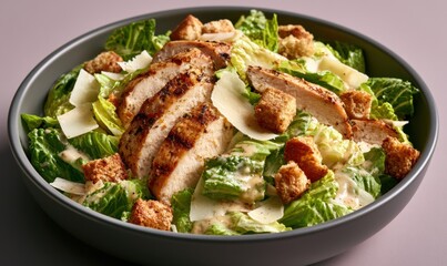 Fototapeta premium Classic Caesar salad featuring grilled chicken, croutons, and Parmesan cheese