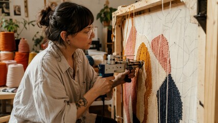 Naklejka premium Young woman with glasses works intently on a large abstract tapestry using a professional rug tufting machine in an art workshop.