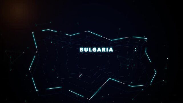 Digital Glowing Bulgaria Map Outline Animation with Futuristic Cyber HUD Interface on Dark Background