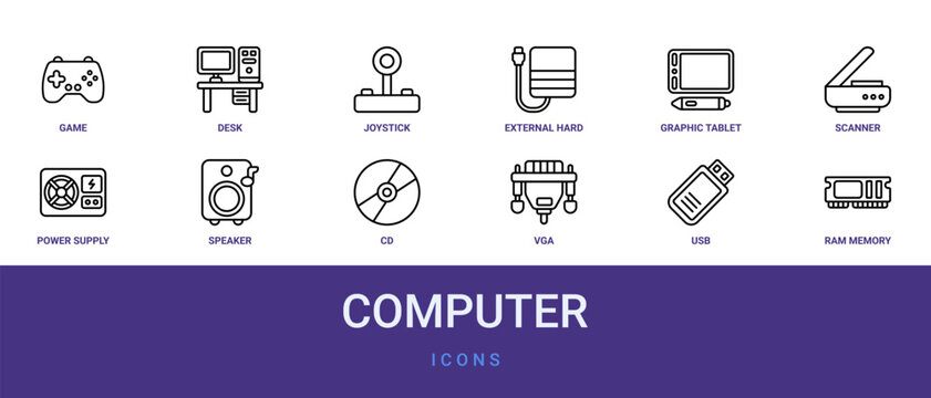 Set of 12 outline web Computer icons such as Ram Memory, usb, vga, cd, speaker, power supply, scanner vector icons for report, presentation, diagram, web design, mobile app
