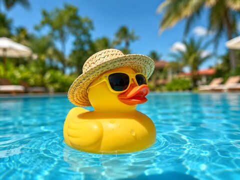Inflatable Duck Relaxing in Pool. Inflatable duck with sunglasses and hat in pool. Perfect for summer vacation designs and leisure activities. 