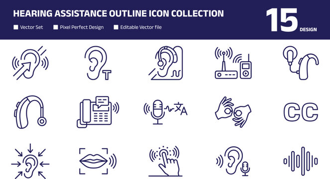 Hearing Assistance Outline Icon Collection with Deafness Support Sign Language and Medical Symbols for Healthcare Graphic Design Projects
