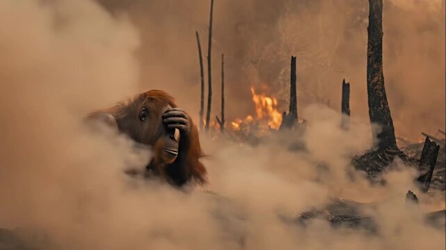 Orangutan Wanders Lost Through Thick Wildfire Smoke Haze in a Wildlife Disaster Concept