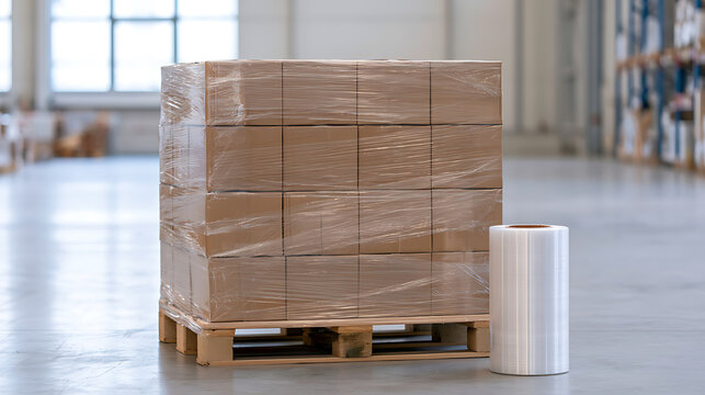 Cardboard boxes stacked on wooden pallet wrapped with clear plastic stretch film in large modern distribution warehouse storage facility