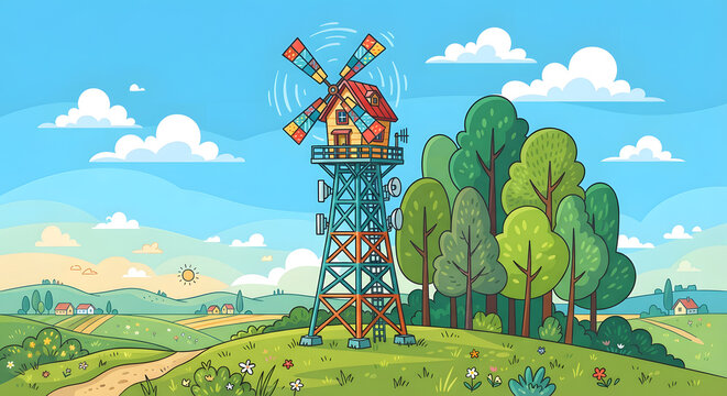 A colorful cartoon illustration of a windmill on a communication tower in a rolling countryside landscape