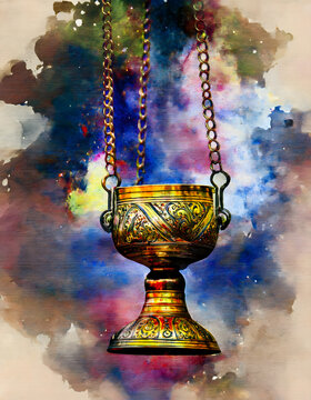 An ornate golden chalice hanging from chains against a watercolor galaxy background