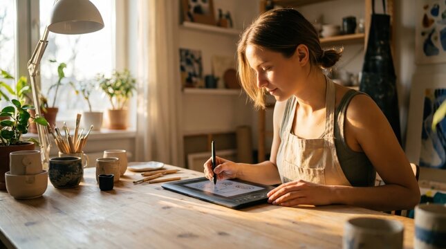 caucasian female artist drawing on digital tablet in sunny home studio. creative freelance illustrator working at wooden desk with plants and pottery. hobby concept. banner, website header.
