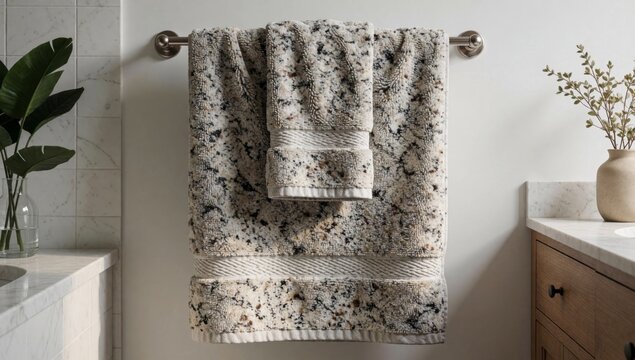 Bathroom white tiled wall wooden vanity left side there sink marble countertop potted plant right towels hangi