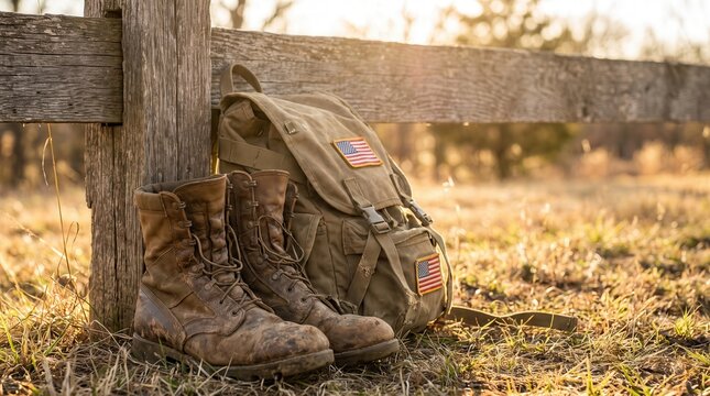 worn muddy military combat boots and canvas backpack with american flag patch by wooden fence in field. veteran journey, homecoming concept. banner, website header with copyspace.