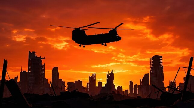 silhouette of military helicopter flying over destroyed city skyline during fiery sunset. post apocalyptic war zone concept with ruined buildings. banner, website header with copyspace.