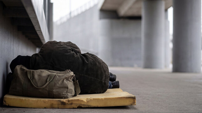 Homeless man sleeping on foam pad under city bridge. Poor person lying on concrete ground with bag. Crisis, poverty, social issue and exclusion concept. Human struggle and urban life.