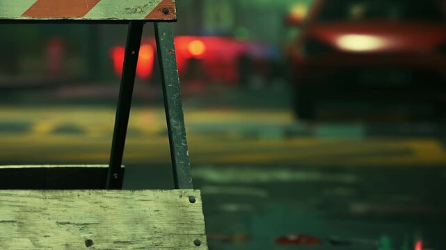 Bright city lights shimmer on rain soaked streets as a construction barrier stands guard, signaling work in progress. Cars and lights create a colorful backdrop, enhancing the urban atmosphere.
