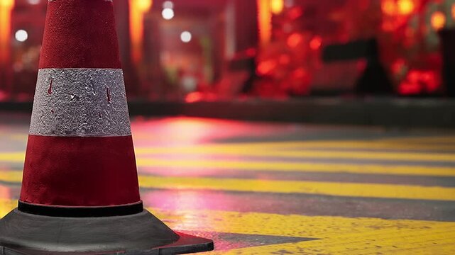 A vibrant traffic cone rests on a wet surface, reflecting colorful street lights. Yellow stripes create a striking pattern on the ground, adding depth to the urban night scene.