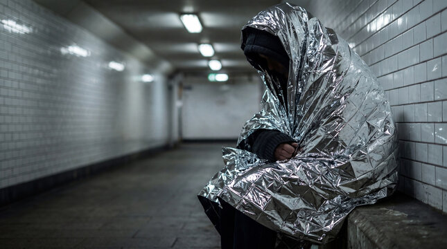 Homeless man wrapped in silver emergency foil blanket sitting in dark subway tunnel. Vulnerable outcast seeking warmth and shelter. Social issue, poverty, struggle and survival concept.